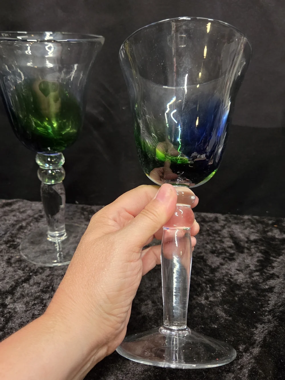 Pier 1 Blue Green Flame Glass Wine or Water Goblet Pair (2)